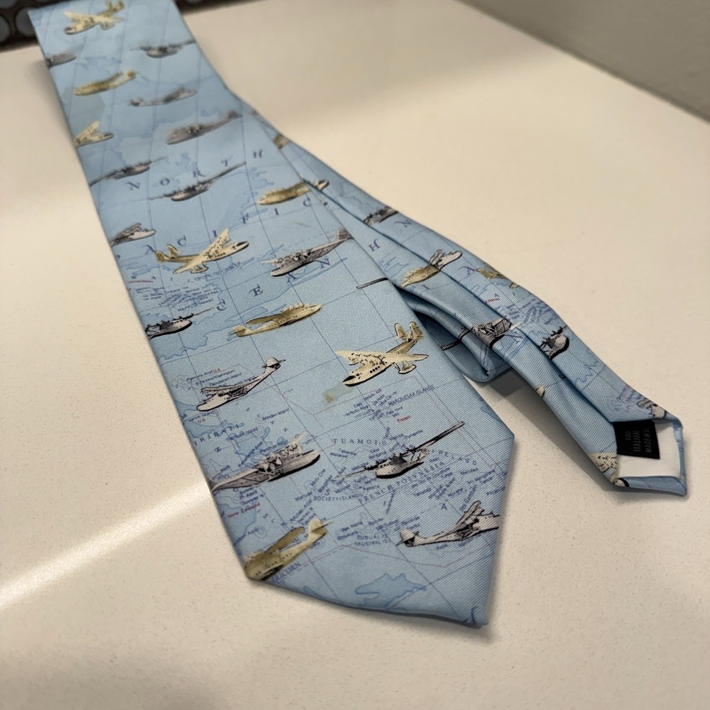 Smithsonian Tie Blue Plane AOP Necktie Bomber Plane 58" 100% Silk Italy Adult